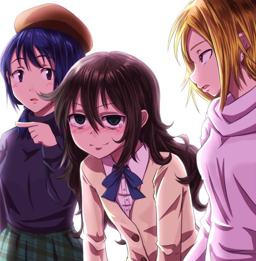 10s, 3girls, backlighting, beret, blonde_hair, blue_hair, blush, brown_eyes