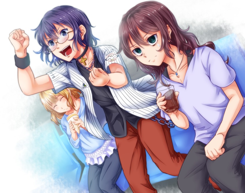 10s, 3girls, ^_^, bags_under_eyes, baseball_jersey, blonde_hair, blush, brown_hair