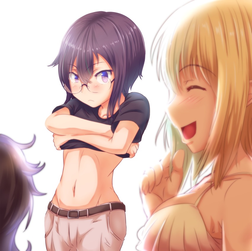 10s, 3girls, belt, black_hair, blonde_hair, breasts, camisole, clothes_lift, collarbone, closed_eyes, frown, glasses, groin, highres, kaigara_suupu, komiyama_kotomi, kuroki_tomoko, lifting_own_clothes, light, multiple_girls, naruse_yuu, navel, open_mouth, pants, purple_eyes, shirt_lift, smile, watashi_ga_motenai_no_wa_dou_kangaetemo_omaera_ga_warui!
