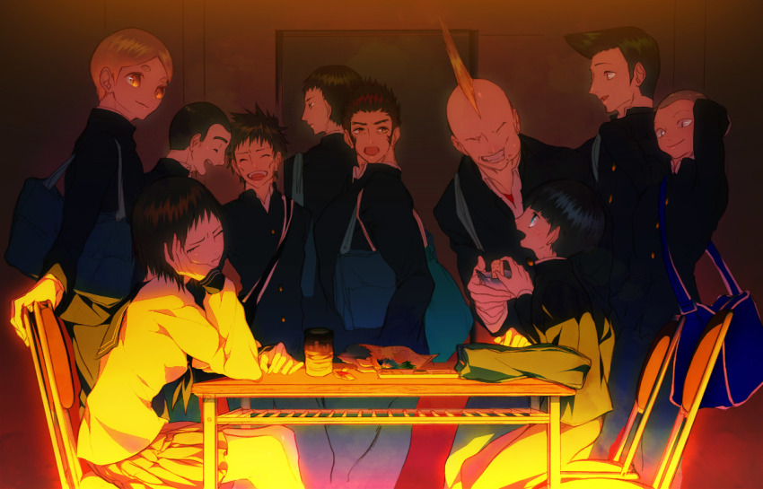 10s, 1girl, 6+boys, ^_^, arm_up, bag, black_hair, blonde_hair