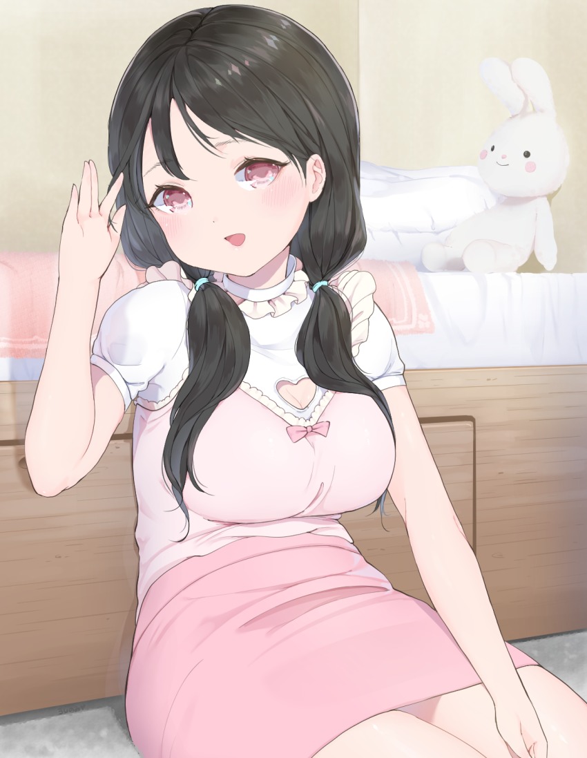 1girl, bed, bedroom, black_hair, blush, breasts, cleavage, cleavage_cutout