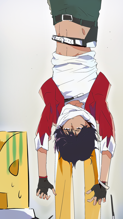 10s, 2boys, bad_id, bad_pixiv_id, black_hair, dark-skinned_male, dark_skin, fingerless_gloves, gloves, idolmaster, idolmaster_side-m, kazama_shinobu, male_focus, map_(map_imas), multiple_boys, p-head_producer, producer_(idolmaster), sweatdrop, upside-down