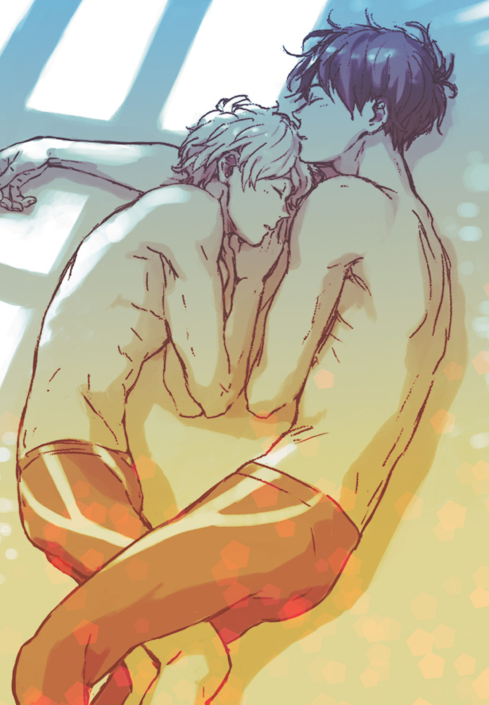 10s, 2boys, free!, hazuki_nagisa, jammers, legskin, male_focus, male_swimwear, multiple_boys, orange_jammers, orange_male_swimwear, ryuugazaki_rei, sleeping, swimsuit, topless_male