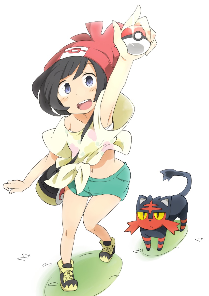 1girl, black_hair, blue_eyes, blush, gen_7_pokemon, hat, highres, hip_focus, litten, looking_at_viewer, midriff, navel, nintendo, peekun, poke_ball, pokemon, selene_(pokemon), shorts