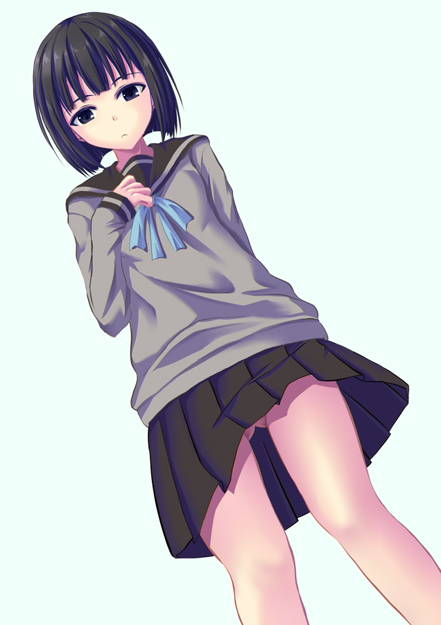 10s, 1girl, :<, black_hair, female_focus, orange_(meitoku), pleated_skirt, school_uniform, serafuku, short_hair, skirt, solo, tanaka-kun_wa_itsumo_kedaruge, tanaka_rino