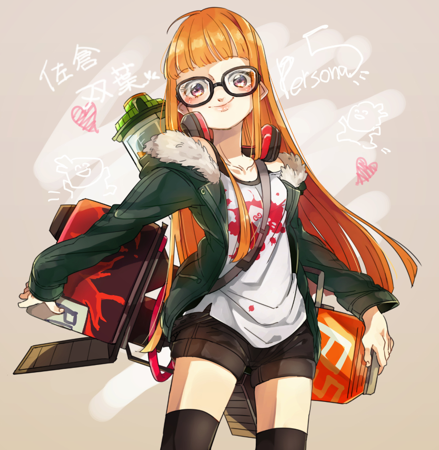 10s, 1girl, blaster_(splatoon), cheeseko, copyright_name, female_focus, glasses, headphones, ink_tank_(splatoon), jacket, long_hair, look-alike, looking_at_viewer, nintendo, orange_hair, persona, persona_5, red_eyes, sakura_futaba, shirt, short_shorts, shorts, smile, solo, splatoon_(series), splatoon_1, thighhighs