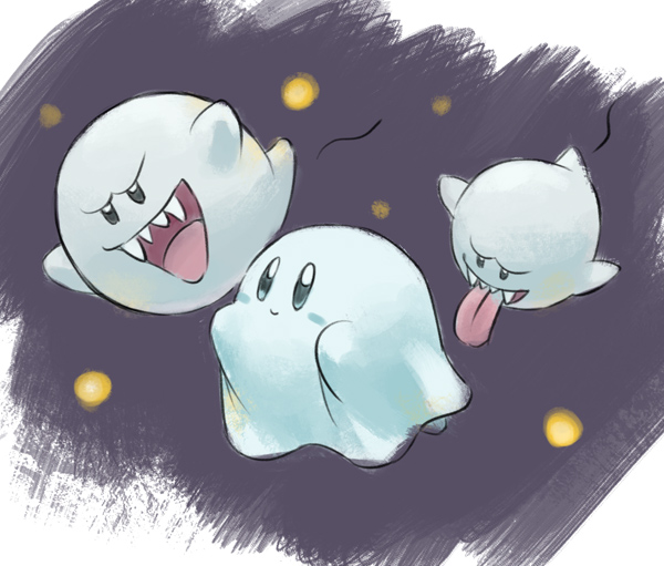 1boy, boo_(mario), copy_ability, crossover, ghost, ghost_kirby, kirby, kirby_(series), mario_(series), mishio, nintendo, no_humans, super_mario_bros._1, tongue, tongue_out