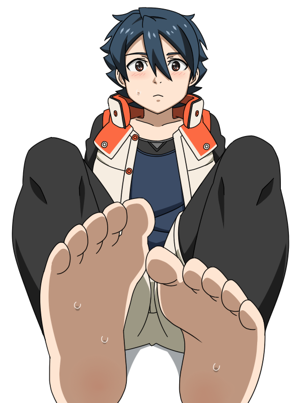 10s, 1boy, barefoot, brown_eyes, bubuki_buranki, child, feet, kazuki_azuma, looking_at_viewer, male_focus, nameko_nuru, solo, sweat, tagme, toes