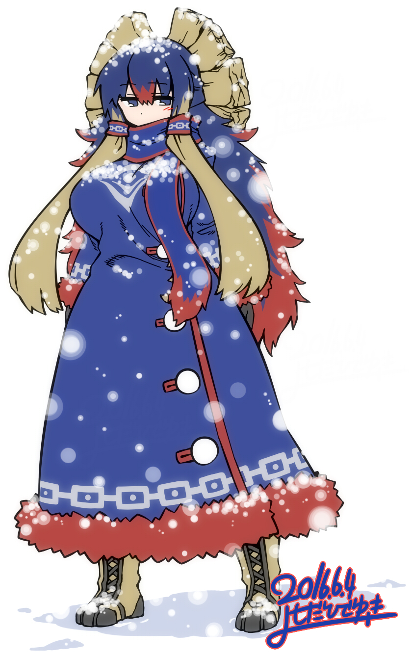 1girl, blonde_hair, blue_eyes, blue_hair, blush, boots, breasts, female_focus, gammoth, highres, huge_breasts, long_hair, matching_hair/eyes, monster_hunter_(series), monster_hunter_x, personification, red_hair, snow, solo, yoshida_hideyuki