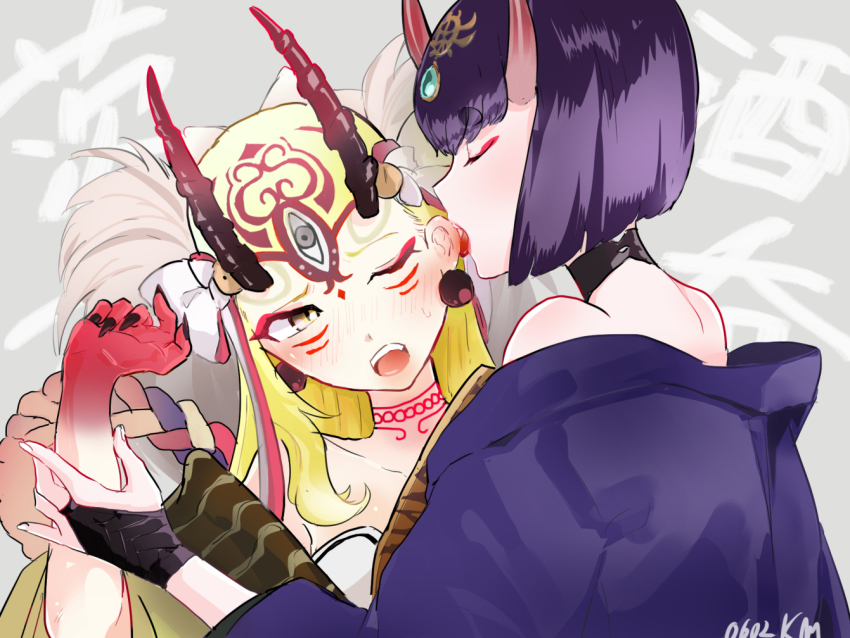 2girls, bad_id, bad_pixiv_id, black_nails, blonde_hair, blush, choker, closed_eyes, collarbone, colored_skin, ear_licking, earrings, facial_mark, fate/grand_order, fate_(series), fingernails, horns, ibaraki_douji_(fate), ibaraki_douji_(third_ascension)_(fate), japanese_clothes, jewelry, kemu_jirou, kimono, licking, long_hair, multiple_girls, nail_polish, off_shoulder, oni, open_mouth, purple_hair, red_skin, sharp_fingernails, short_hair, shuten_douji_(fate), skin-covered_horns, tattoo, tongue, yellow_eyes, yuri