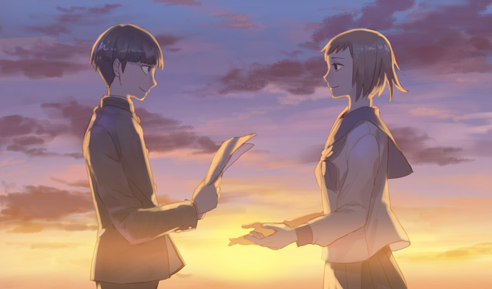 10s, 1boy, 1girl, black_eyes, black_hair, blouse, blunt_bangs, bowl_cut