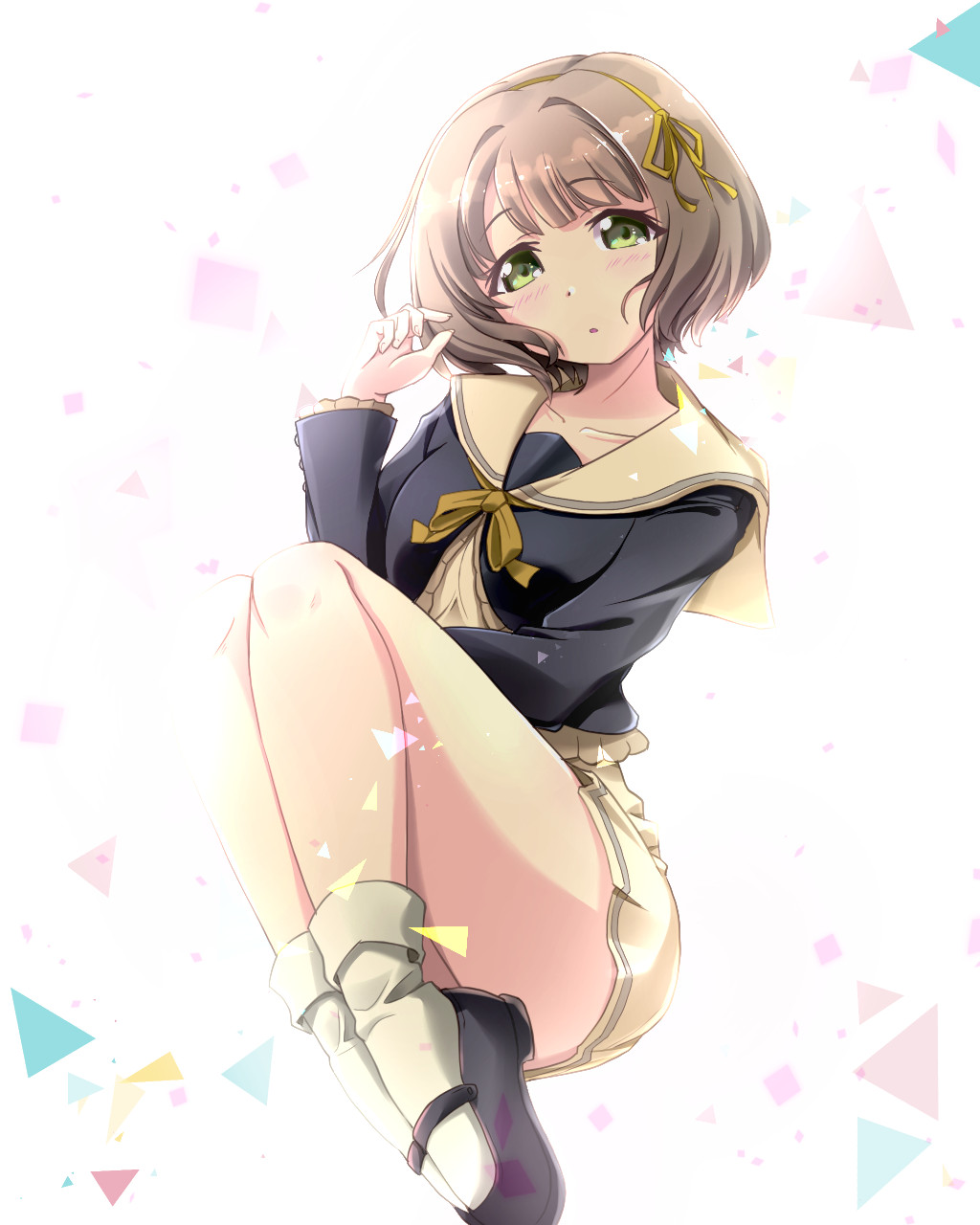 1girl, blush, brown_hair, convenient_leg, female_focus, green_eyes, highres, legs_up