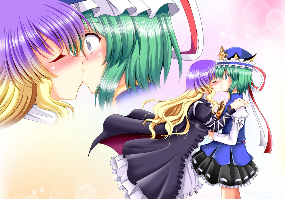 2girls, arm_ribbon, black_dress, blonde_hair, blush, cape, dress, closed_eyes