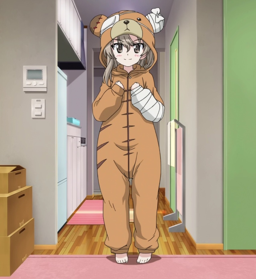 10s, 1girl, animal_costume, anime_screenshot, bandages, barefoot, bear_costume, blush