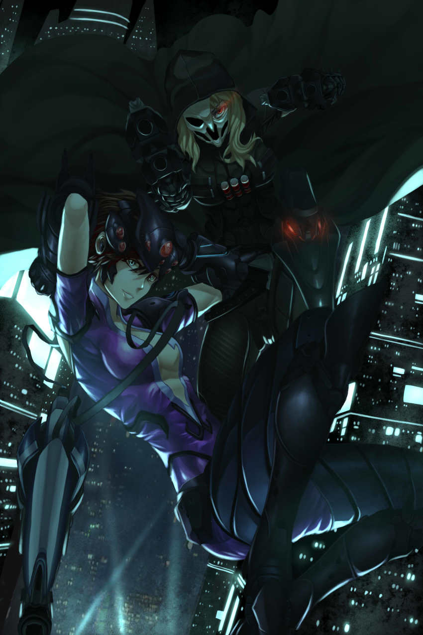 2girls, absurdres, ammunition, armor, armored_boots, black_gloves, black_jacket, blonde_hair