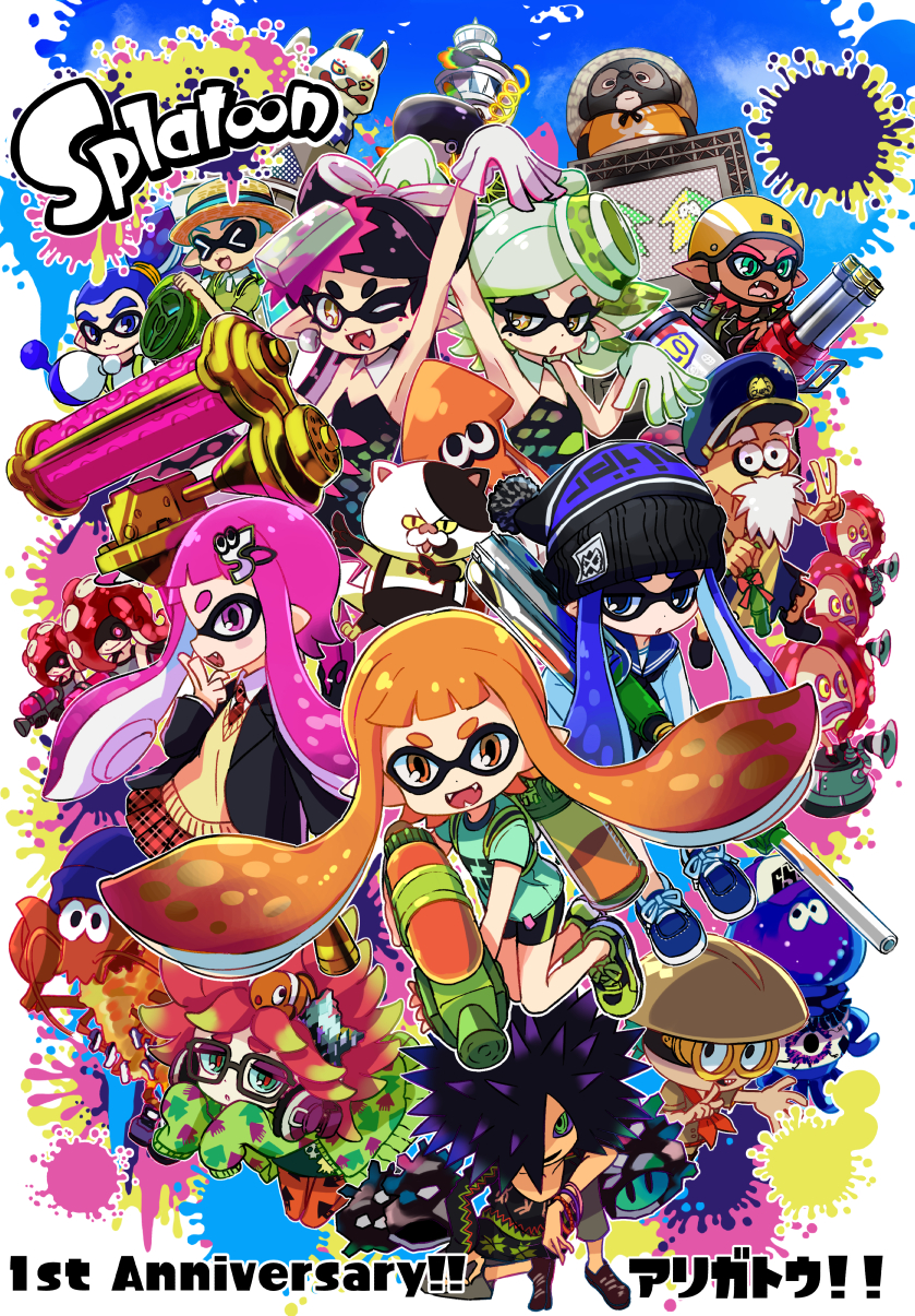 >_<, +_+, 6+boys, 6+girls, :3, annie_(splatoon), anniversary, arm_up