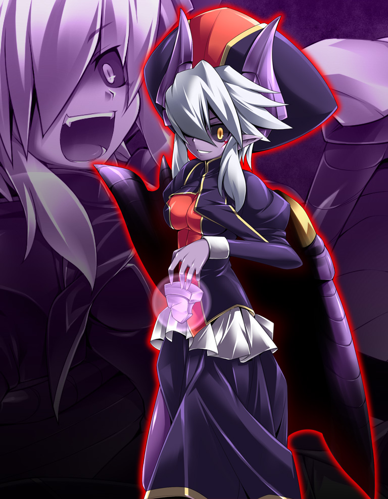 1girl, aura, black_sclera, breasts, colored_sclera, colored_skin, demon_girl, demon_wings, eyebrows, facial_mark, fangs, female_focus, hair_over_one_eye, hat, horns, impossible_clothes, impossible_shirt, juliet_sleeves, kardia_(shinrabanshou), karudia, katami_shinta, long_hair, long_sleeves, looking_at_viewer, open_mouth, pointy_ears, puffy_sleeves, purple_skin, shinrabanshou, shirt, sidelocks, smirk, solo, white_hair, wings, yellow_eyes