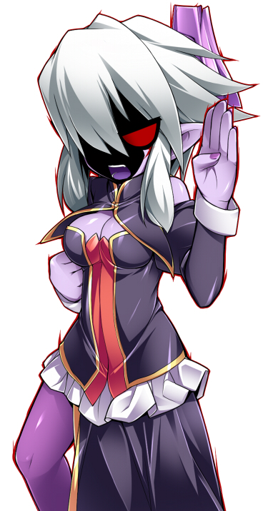 1girl, angry, arm_up, aura, bare_shoulders, blank_eyes, breasts, cleavage