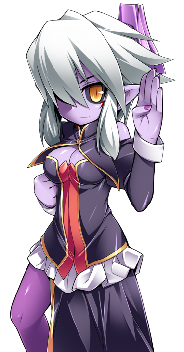 1girl, arm_up, bare_shoulders, black_sclera, breasts, cleavage, clenched_hand, colored_sclera, colored_skin, detached_sleeves, facial_mark, female_focus, fighting_stance, frills, hair_between_eyes, hair_over_one_eye, juliet_sleeves, kardia_(shinrabanshou), karudia, katami_shinta, long_hair, long_sleeves, looking_at_viewer, nail_polish, pointy_ears, puffy_sleeves, purple_nails, purple_skin, shinrabanshou, simple_background, smile, solo, white_background, white_hair, yellow_eyes