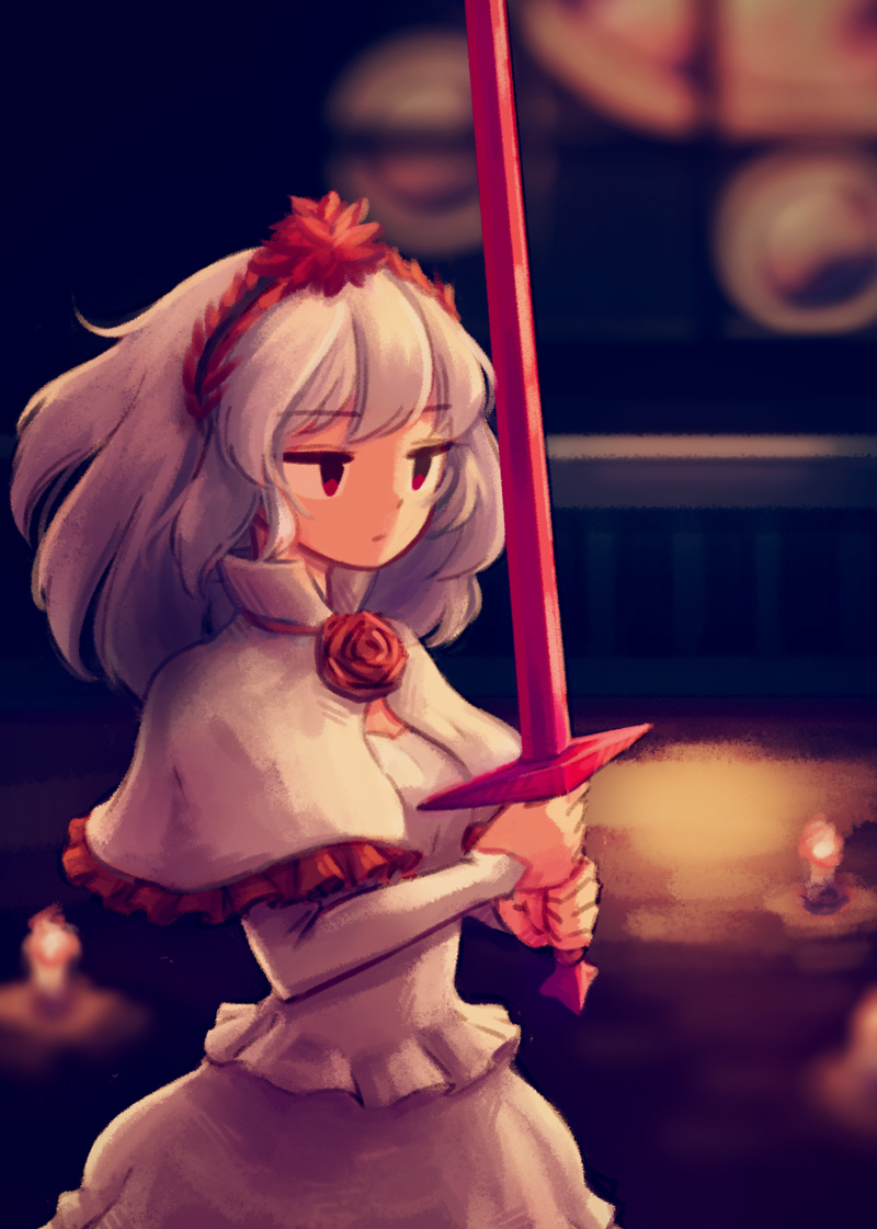 1girl, candle, colored_skin, dazed, dress, female_focus, fennel_(momodora), flower