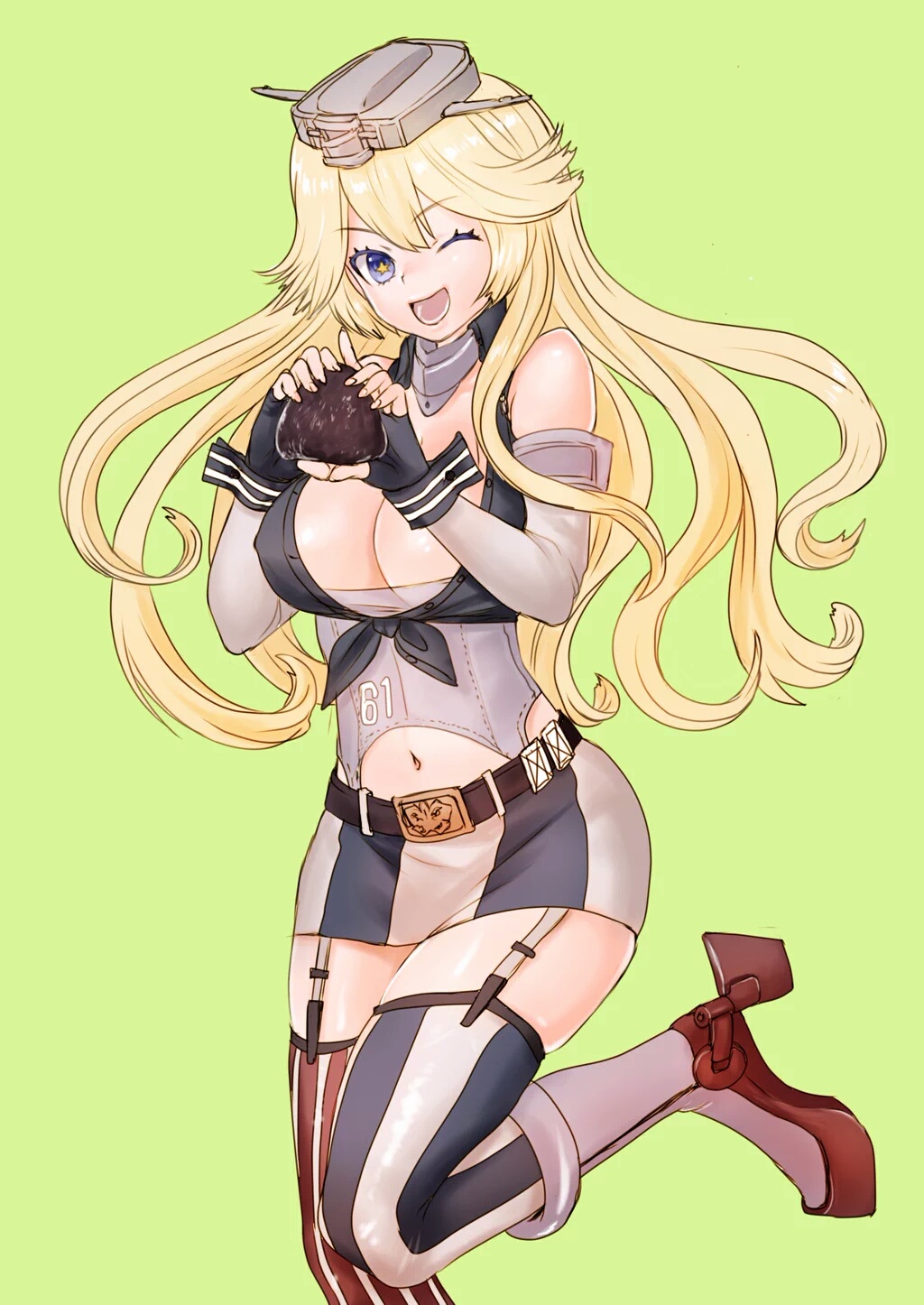 +_+, 10s, 1girl, :d, asymmetrical_legwear, bare_shoulders, belt, blonde_hair