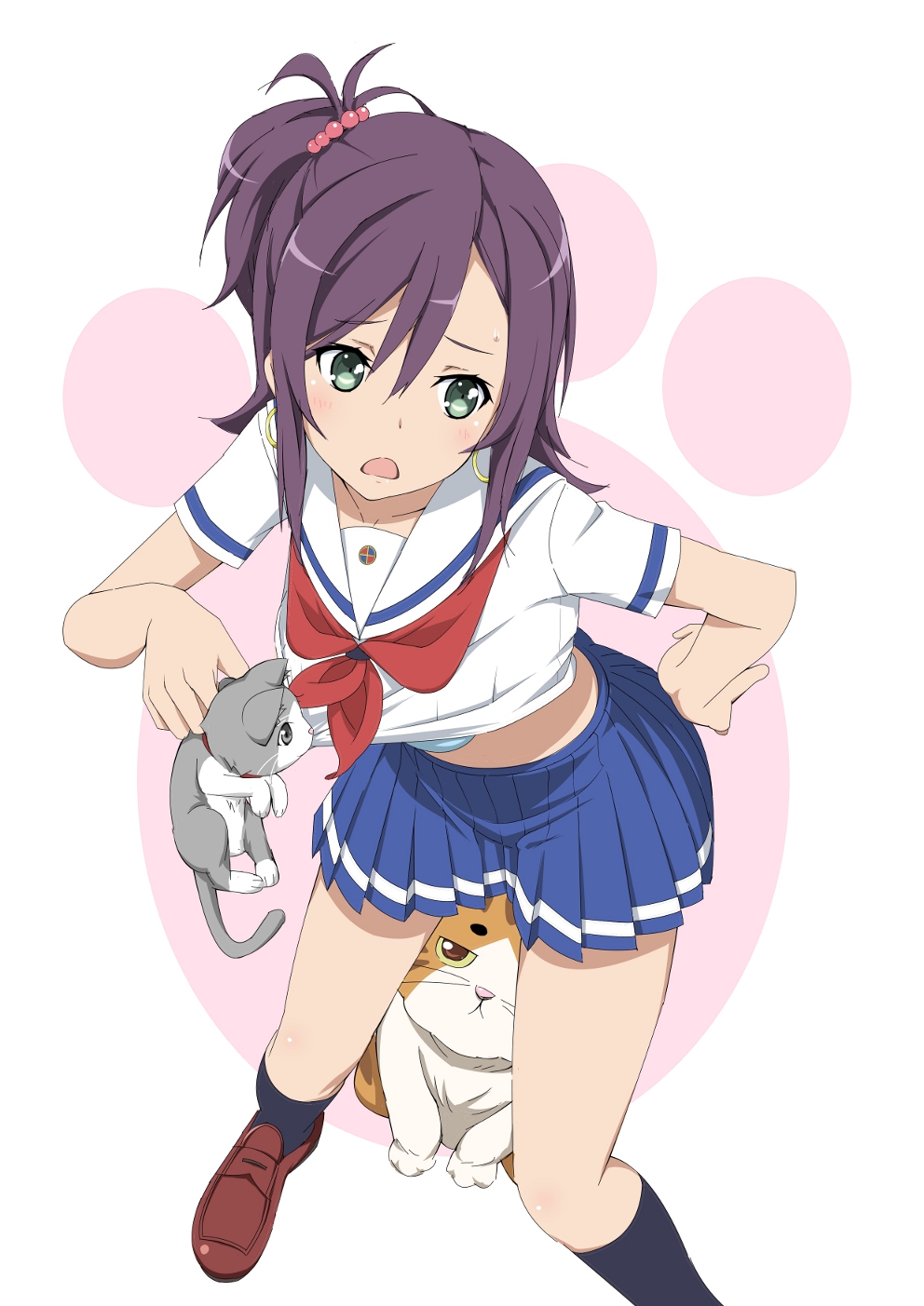 10s, 1girl, animal, black_socks, blue_bra, bra, cat, earrings