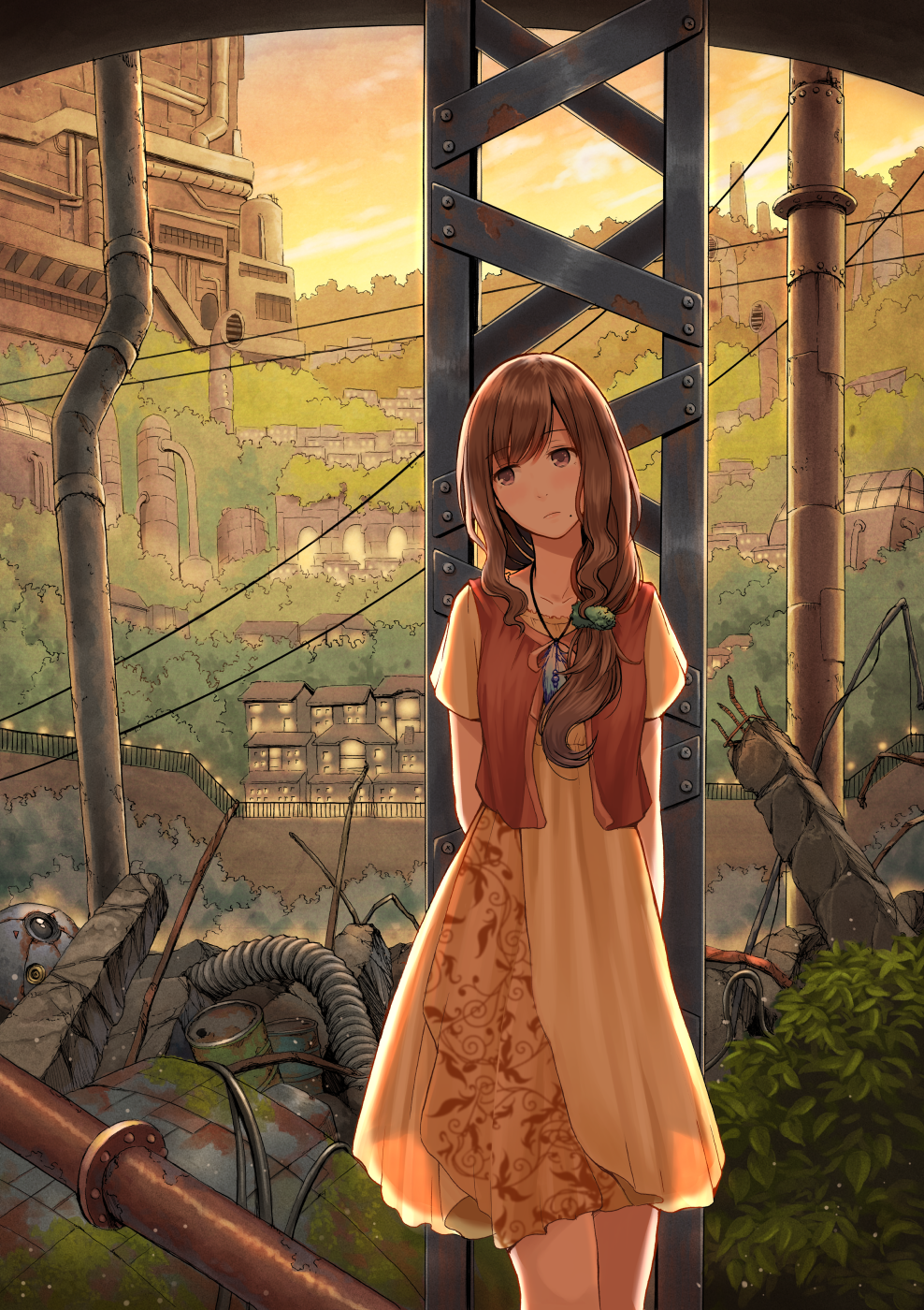 1girl, arms_behind_back, brown_eyes, brown_hair, bush, closed_mouth, collarbone, dress