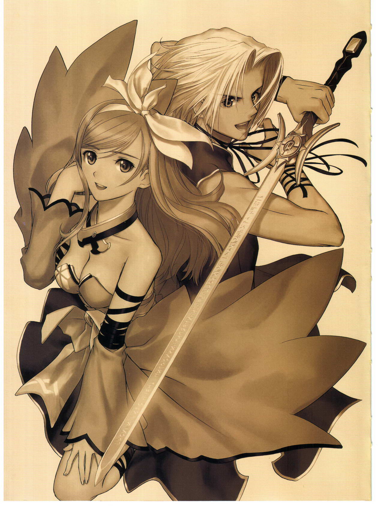 1boy, 1girl, akizuki_souma, highres, monochrome, sega, sepia, shining_(series)