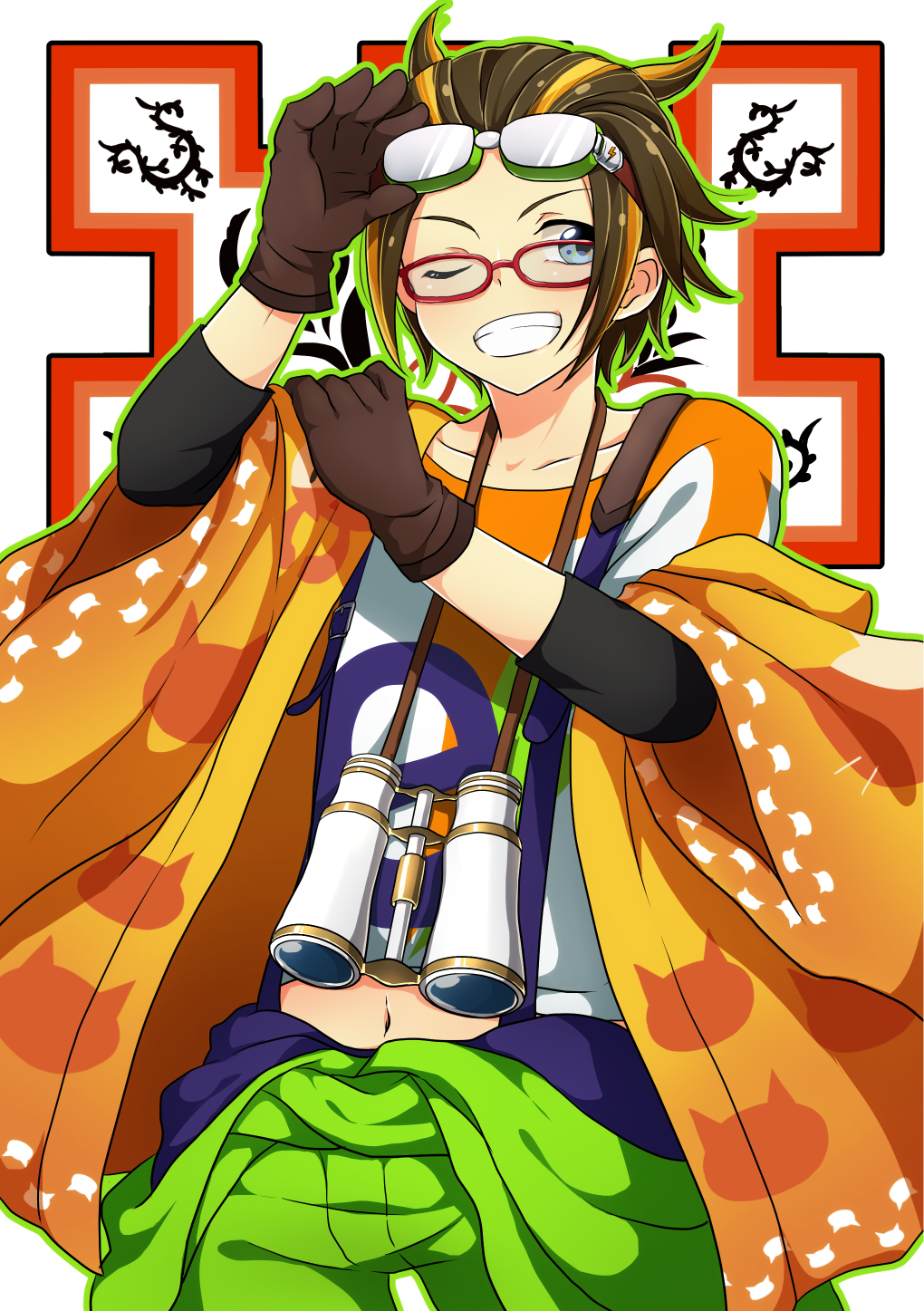 10s, 1boy, ;), bad_id, binoculars, blue_eyes, brown_gloves, brown_hair