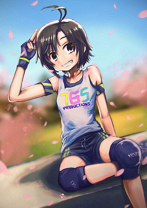 1girl, antenna_hair, armband, black_hair, blurry, cherry_blossoms, depth_of_field, female_focus, fingerless_gloves, gloves, hikari151, idolmaster, idolmaster_(classic), kikuchi_makoto, knee_pads, purple_eyes, salute, short_hair, sitting, solo, tank_top