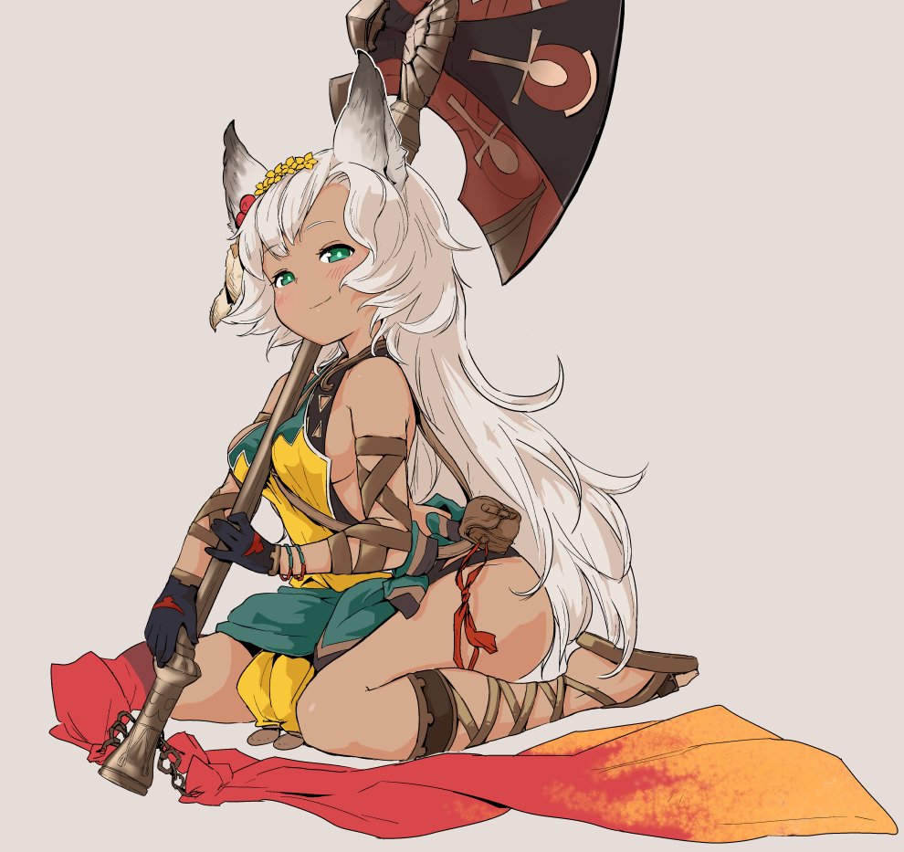 10s, 1girl, animal_ears, arm_strap, axe, babalilo, bad_id, bad_twitter_id