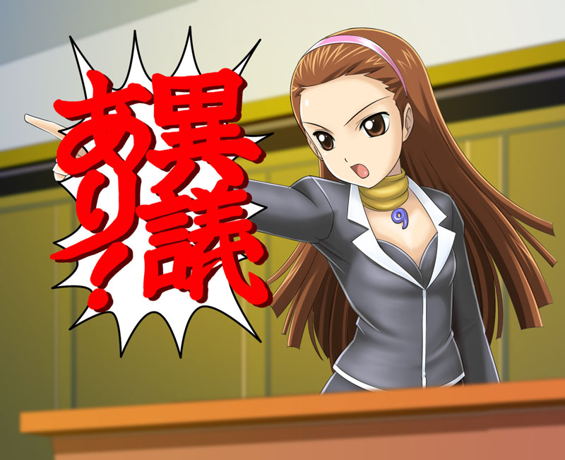 1girl, ace_attorney, breasts, brown_eyes, brown_hair, capcom, cleavage, cosplay