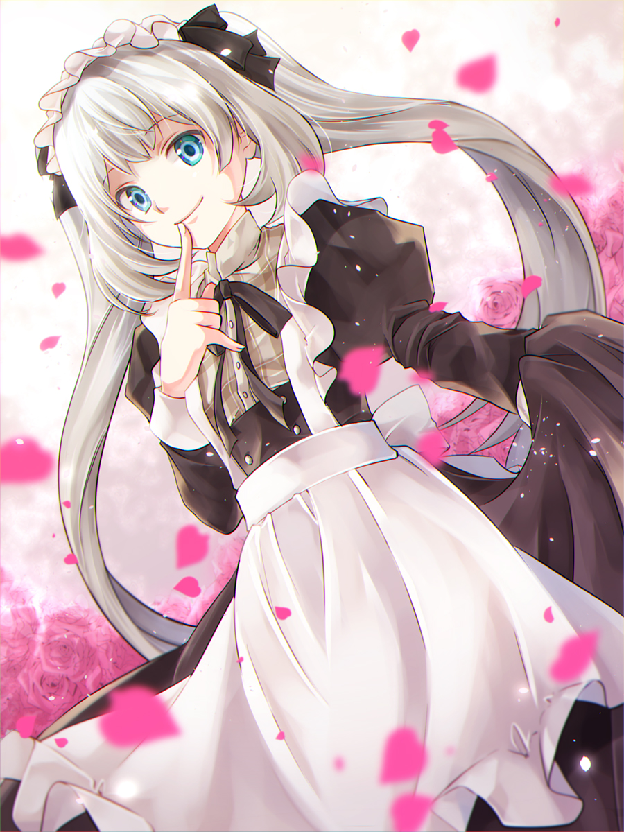 1girl, alternate_costume, apron, black_dress, blue_eyes, cowboy_shot, dress, dutch_angle