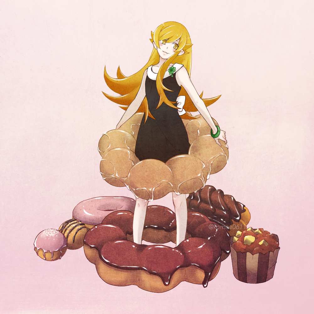1girl, bakemonogatari, blonde_hair, dress, female_focus, food, komae0611, long_hair, monogatari_(series), oshino_shinobu, solo, tagme