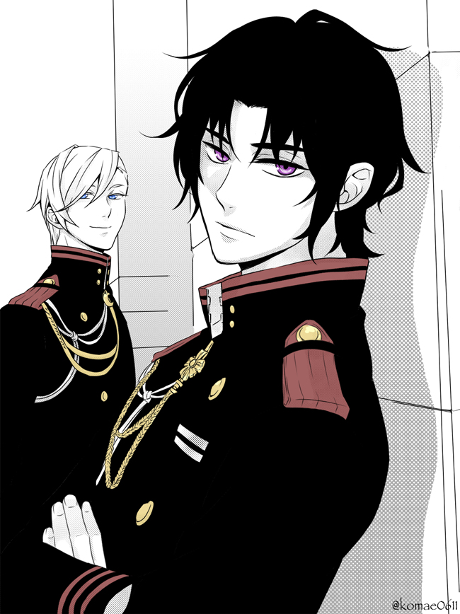 10s, 2boys, black_hair, blue_eyes, hiiragi_shinya, ichinose_guren, komae0611, male_focus, multiple_boys, owari_no_seraph, purple_eyes, short_hair