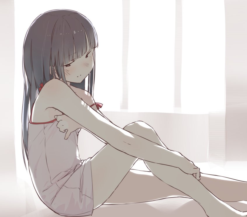 10s, 1girl, alternate_costume, armpits, backlighting, bare_legs, bare_shoulders, barefoot