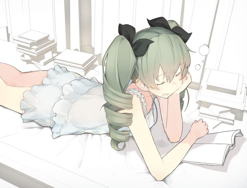 10s, 1girl, anchovy_(girls_und_panzer), arm_support, ass, bloomers, book, closed_eyes, collarbone, cowboy_shot, curtains, dress, drill_hair, drooling, eyebrows, female_focus, frilled_dress, frills, fuu_fuu, girls_und_panzer, green_eyes, hair_between_eyes, hair_ornament, hand_on_own_cheek, hand_on_own_face, indoors, long_hair, lying, on_stomach, open_mouth, pajamas, ringlets, saliva, sleeping, sleeveless, solo, twin_drills, twintails, underwear, white_bloomers