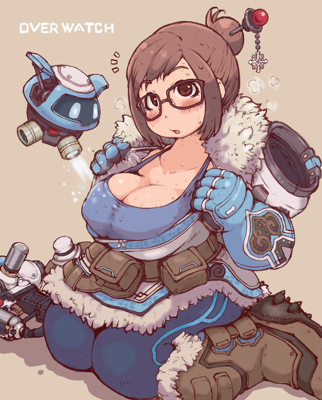 1girl, beads, belt, belt_pouch, black-framed_eyewear, blue_gloves, boots, breasts
