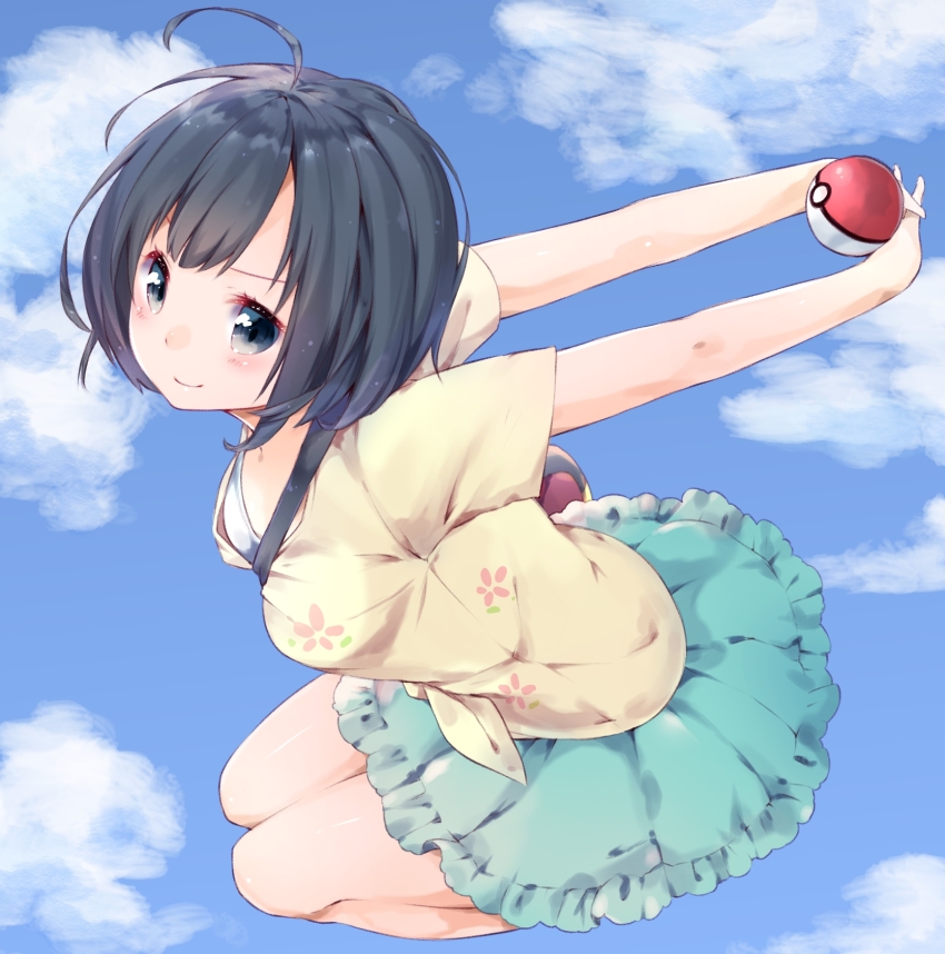 10s, 1girl, ahoge, azuki_(krps-hano), bag, between_breasts, black_hair, blue_sky