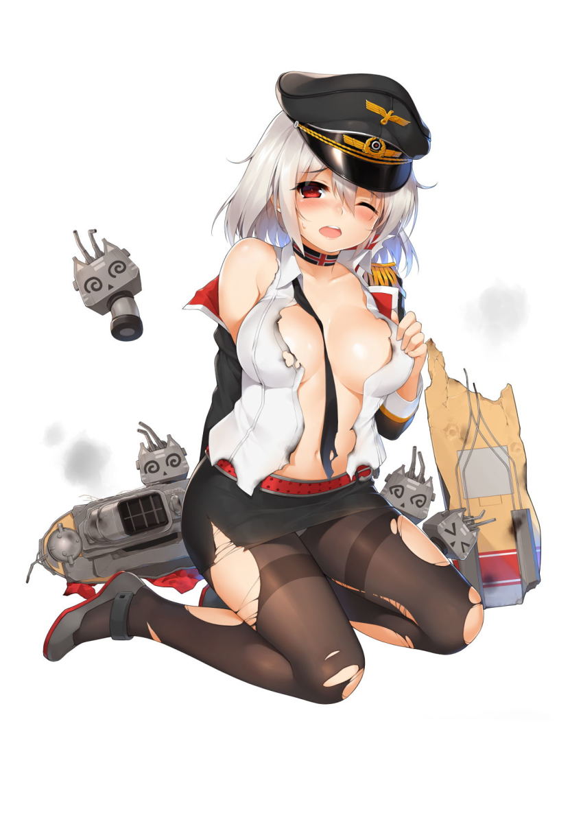 >_<, 1girl, :d, @_@, anchor, armband, belt, between_breasts, black_hat, black_jacket, black_necktie, black_pantyhose, black_skirt, blush, breasts, broken, burnt_clothes, choker, cleavage, closed_eyes, collarbone, collared_shirt, dress_shirt, epaulettes, eyelashes, female_focus, flight_deck, full_body, graf_zeppelin_(warship_girls_r), hair_between_eyes, hat, highres, jacket, large_breasts, long_sleeves, looking_at_viewer, loose_necktie, miniskirt, navel, necktie, off_shoulder, official_art, one_eye_closed, open_clothes, open_jacket, open_mouth, open_shirt, panties, panties_under_pantyhose, pantyhose, pantyshot, peaked_cap, pencil_skirt, red_eyes, riding_crop, rigging, rudder_footwear, shirt, sitting, skirt, sleeveless, sleeveless_shirt, smile, smoke, solo, stomach, suika01, sweat, thighband_pantyhose, torn_clothes, torn_pantyhose, torn_shirt, torn_skirt, underwear, undone_necktie, warship_girls_r, white_hair, white_panties, white_shirt