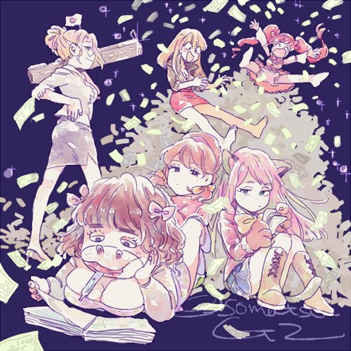 10s, 6+girls, animal_ears, animal_hands, bad_id, bad_twitter_id, blue_background, boots, cat_ears, chibimi, chibita, dobusu_(osomatsu-san), extra, fat, fat_woman, genderswap, genderswap_(mtf), gloves, hair_ribbon, hairband, hashimoto_nyaa, head_flag, iyami, iyayo, lace-up_boots, long_hair, low_twintails, lowres, lying, money, multiple_girls, on_stomach, osomatsu-kun, osomatsu-san, osomatsu_(series), paw_gloves, ponytail, reading, ribbon, sasaki_(tpo_tpo), short_twintails, simple_background, smile, tupet, twintails, yowai_totoko