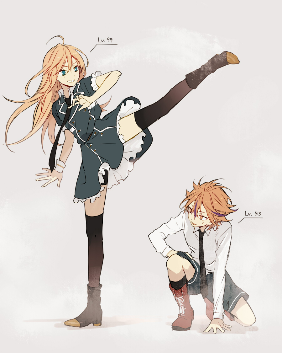 10s, 2boys, bad_id, bad_pixiv_id, black_legwear, blonde_hair, blue_eyes, boots