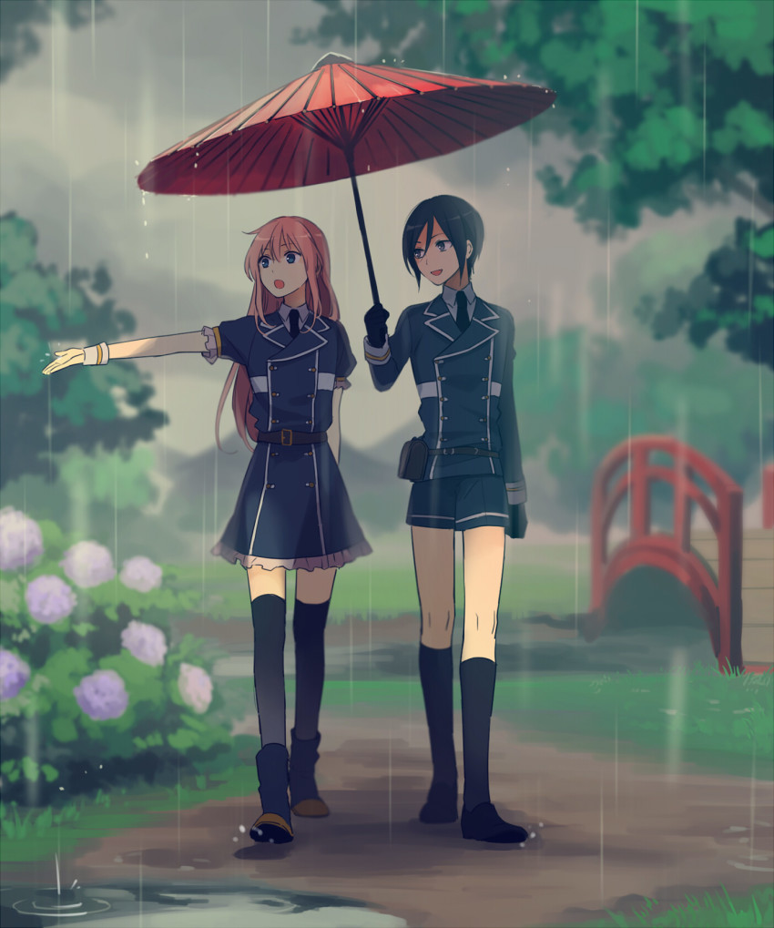 10s, 2boys, bad_id, bad_pixiv_id, black_gloves, black_hair, black_socks, blonde_hair, blue_eyes, bridge, crossdressing, crossdressing_(mtf), dress, flower, gloves, highres, holding, holding_umbrella, hydrangea, kneehighs, male_focus, midare_toushirou, military, military_uniform, multiple_boys, necktie, oil-paper_umbrella, open_mouth, outdoors, purple_eyes, rain, shared_umbrella, shorts, smile, socks, thighhighs, touken_ranbu, trap, tree, umbrella, walking, yagen_toushirou, yuzudaze
