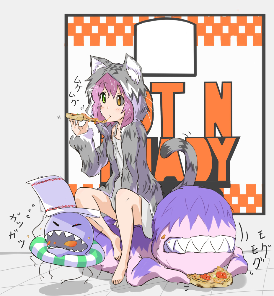 1girl, animal_ears, bare_legs, black_sclera, blush, cat_ears, colored_sclera, eating