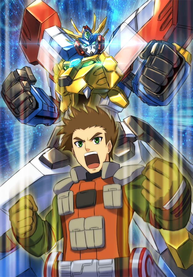 10s, 1boy, blue_eyes, brown_gloves, brown_hair, clenched_hands, future_card_buddyfight, gloves, male_focus, mecha, open_mouth, pouch, robot, shingo_(picturepuzzle), shoulder_pads, takihara_tsurugi, upper_body