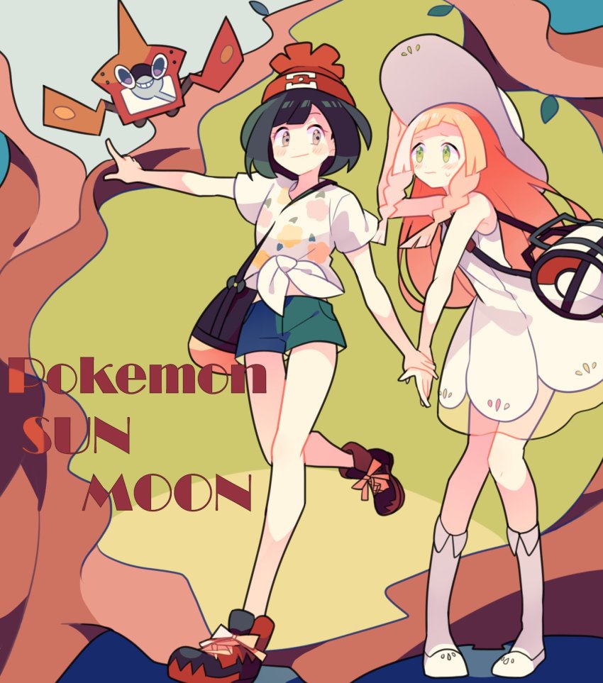 10s, 2girls, bag, black_hair, blonde_hair, braid, dress, duffel_bag, gen_4_pokemon, green_eyes, hat, highres, lillie_(pokemon), long_hair, multiple_girls, nagatsukiariake, nintendo, no_nose, pokedex, pokemon, pokemon_(creature), pokemon_sun_and_moon, rotom, rotom_dex, see-through_skirt_layer, selene_(pokemon), shorts, sun_hat, twin_braids