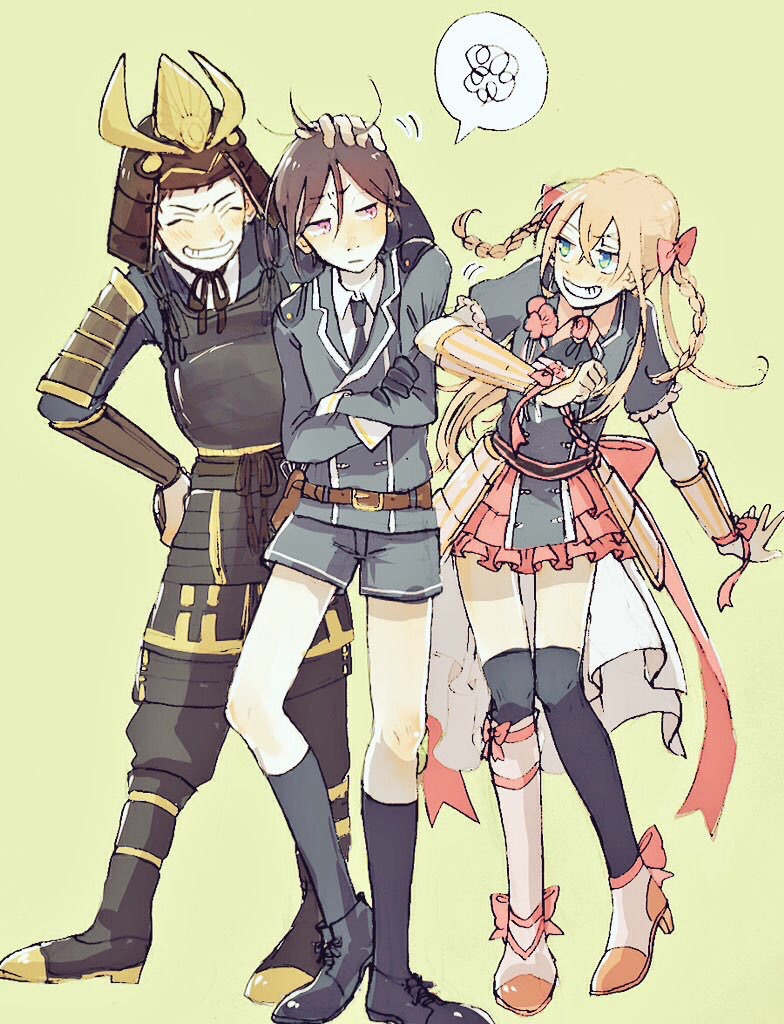 10s, 3boys, ^_^, armor, atsushi_toushirou, awataguchi_family_(touken_ranbu), black_hair, black_socks