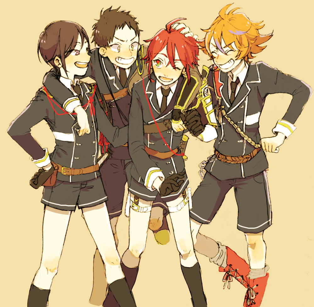 10s, 4boys, ^_^, armor, atsushi_toushirou, awataguchi_family_(touken_ranbu), black_gloves, black_hair