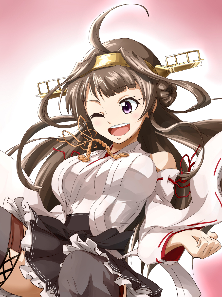 10s, 1girl, ahoge, bare_shoulders, breasts, brown_hair, detached_sleeves, female_focus, florence_temporary, hairband, headgear, highres, japanese_clothes, kantai_collection, kongou_(kancolle), large_breasts, long_hair, nontraditional_miko, one_eye_closed, open_mouth, purple_eyes, ribbon-trimmed_sleeves, ribbon_trim, simple_background, solo, teeth