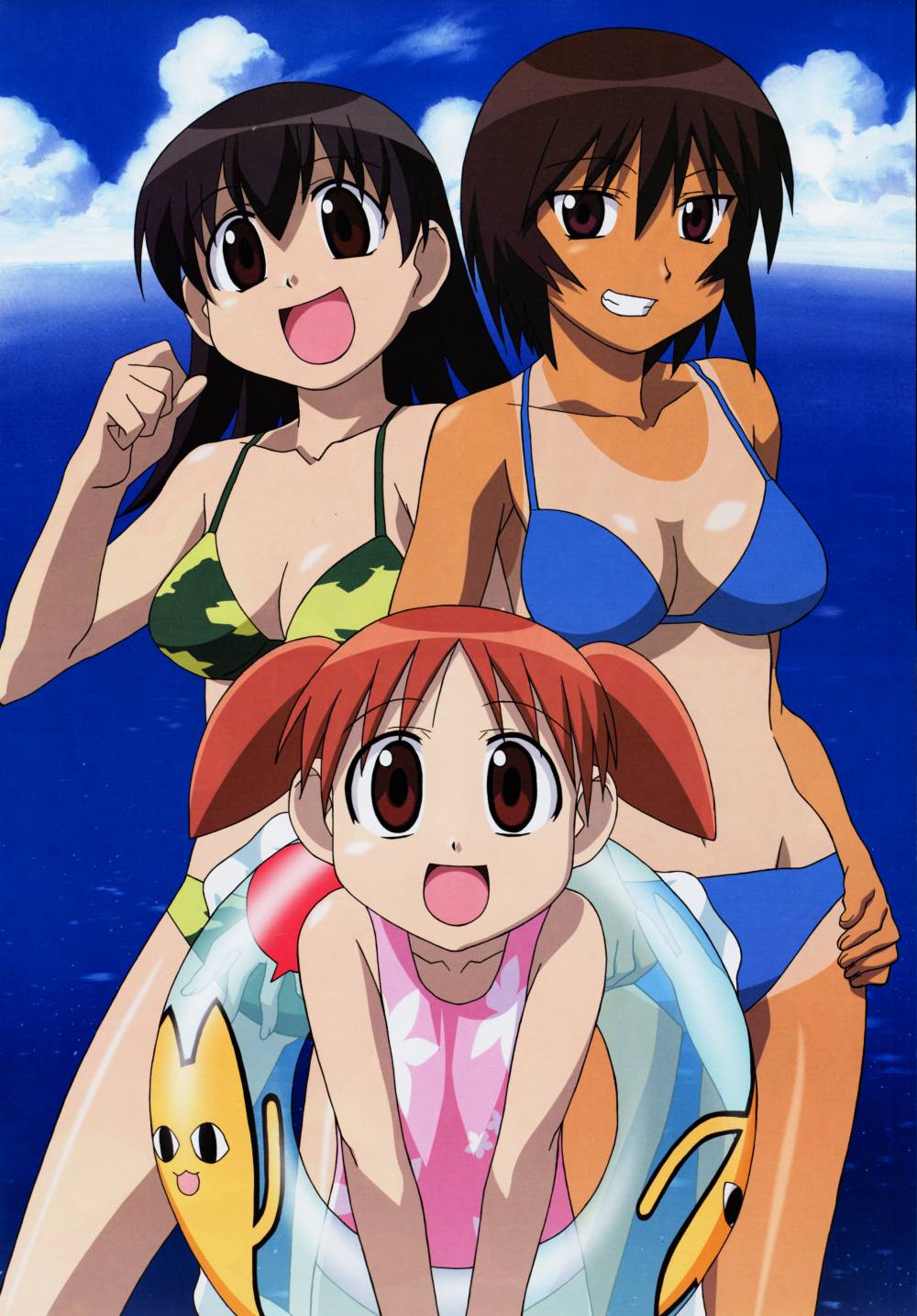 3girls, :d, azumanga_daiou, beach, bikini, blue_bikini, breasts, brown_eyes, brown_hair, camouflage, camouflage_bikini, child, cleavage, cloud, cowboy_shot, day, floral_print, green_bikini, grin, hair_between_eyes, hands_on_own_hips, height_difference, highres, holding, holding_swim_ring, innertube, kagura, kagura_(azumanga_daioh), legs_apart, looking_at_viewer, lowleg, lowleg_bikini, mihama_chiyo, mihama_chiyo's_father, multiple_girls, ocean, one-piece_swimsuit, one-piece_tan, open_mouth, orange_hair, outdoors, pink_one-piece_swimsuit, print_bikini, short_twintails, sky, smile, standing, swim_ring, swimsuit, tachibana_hideki, takino_tomo, tan, tanline, twintails, v_arms